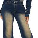 Mandonce Long Sleeve Denim Jumpsuit for Women Straight Leg Washed Stretch Jean Jumpsuit with Belt Loose Fit Rompers Casual (Small, Blue)