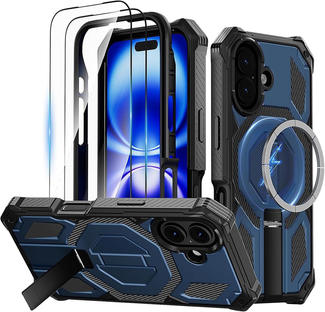 for iPhone 16 Magnetic Case with Stand & Screen Protector [Compatible with MagSafe] Non Slip Full Body Double Layer Heavy Duty Military Grade Shockproof Protection Cover, Blue