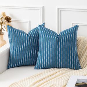 Kevin Textile Linen Pillow Covers 24x24 Inch Set of 2, Boho Woven Texture Decorative Pillow Cover, Burlap Pillow Shams for Couch Living Room Bedroom, A-navy Blue