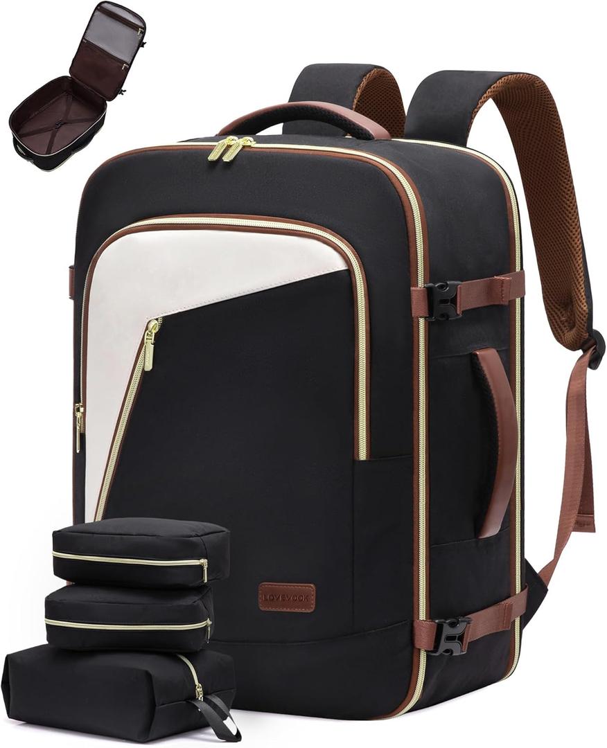 LOVEVOOK Travel Backpack for Women, 40L Carry on Backpack for Airplanes, Large TSA Personal Item Travel Bag Fits 17.3" Laptop, Water-Resistant Business Weekender Back Pack, 4Pcs (Black-white-brown)