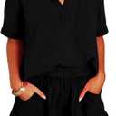 Dokotoo Two Piece Outfits Set for Women Summer Trendy Daily Tracksuit Ladies Solid V Neck Short Sleeve Shirts Matching Lounge Sets Comfy Casual Elastic High Waist Shorts with Pockets Black Small