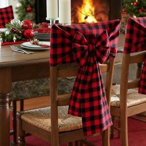 Newwiee 4 Pcs Christmas Bow Chair Back Covers Buffalo Plaid Bow Chair Cover Christmas Dining Seat Back Protector Slipcovers for Xmas Party Banquet Holiday Kitchen Decoration(Black, Red)