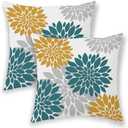Aqua Teal Mustard Yellow Summer Outdoor Pillow Covers 18x18 Inch 2 Pcs, Geometric Elegant Dahlia Floral Decorative Throw Pillows, Grey Flower Decor Pillowcase Linen Cushion Cover for Car Couch