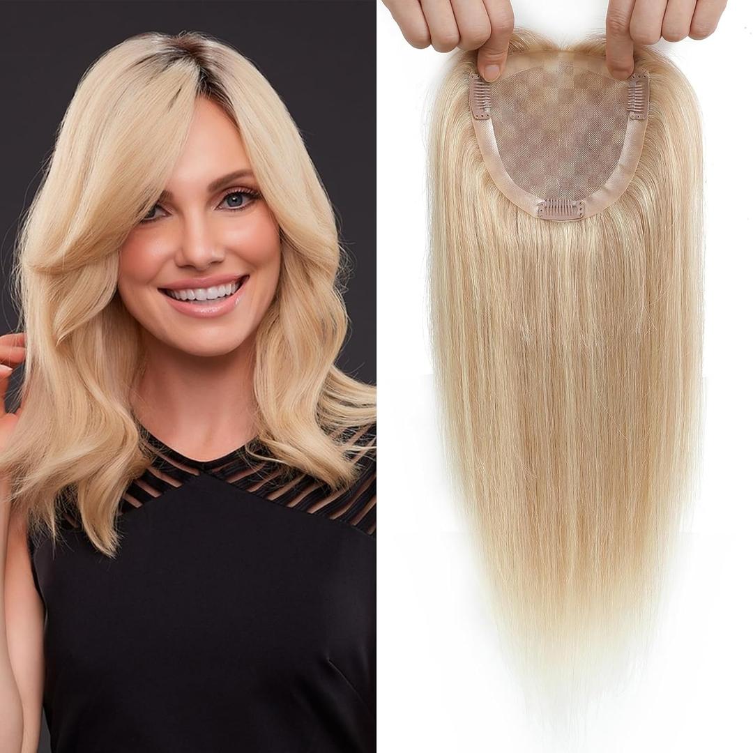 Hair Toppers for Women Real Human Hair 14 Inch No Bangs 65 Gram 100% Real Human Hair Toppers for Women with Thinning Hair 5x5 Hand-Tied Breathable Swiss Lace Base Blonde 3 Clips in Hair pieces,#18/613