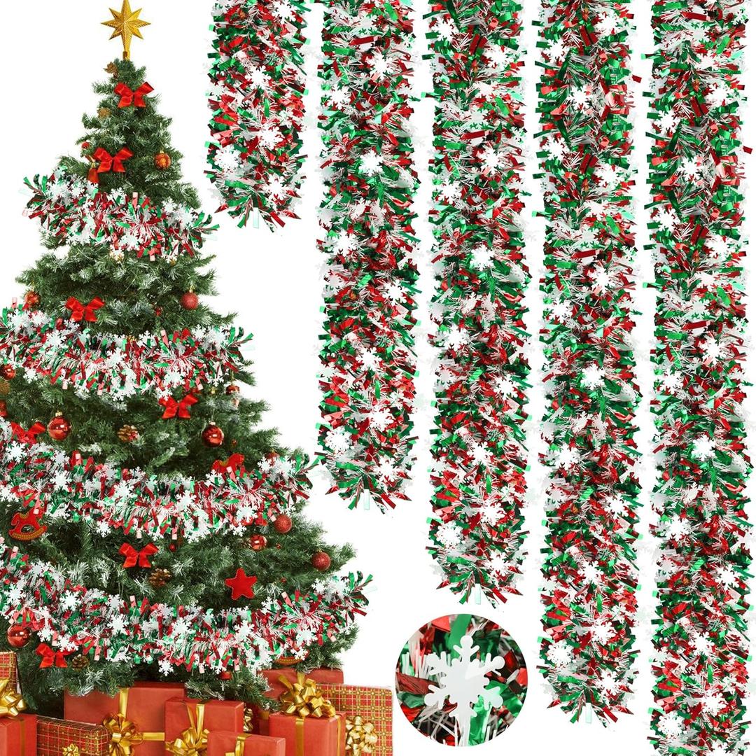 50Ft Christmas Snowflake Tinsel Garland Red Green Metallic Twist Hanging Garland with Snowflake Glitter Thick Tinsel Garlands Xmas Tree Decorations for Xmas Tree Fireplace Home Indoor Outdoor Decor