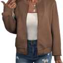 EVALESS Womens Bomber Jacket Coat Casual Stand Collar Zip Up Lightweight Fall Fashion Jackets Outfits with Pockets (Small, Brown)