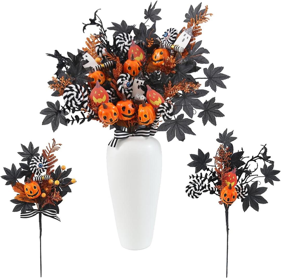 6 PCS Halloween Decorations, 19.5 Inch Artificial Flower Stems Halloween Branches with Eucalyptus Pumpkins Leaf Ghost&Bat Accents, Festive Ornaments and Picks, Holidy Black Table Centerpieces Decor
