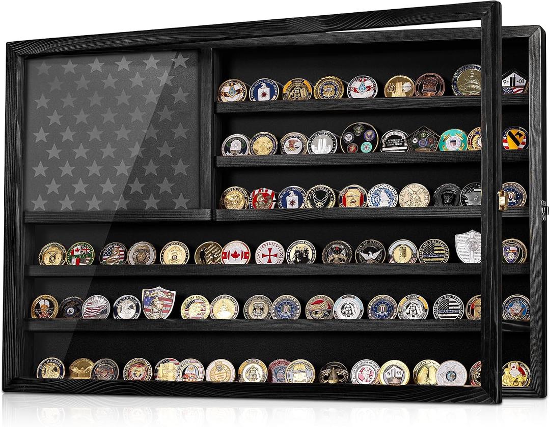 Challenge Coin Display Case, Lockable Military Coin Holder Cabinet with Removable Star Board & HD Tempered Glass Door (27.6"L x 18.1"W), Solid Wood Wall Mount Coins Collection Rack Stand (black)