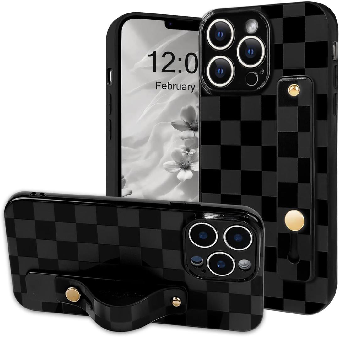 NITITOP Compatible with iPhone 13 Pro Case with Wrist Strap Kickstand Cute Trendy Checkerboard Plaid for Women Girls Slim Fit TPU Silicone Shockproof Full Camera Protective Cover - Black