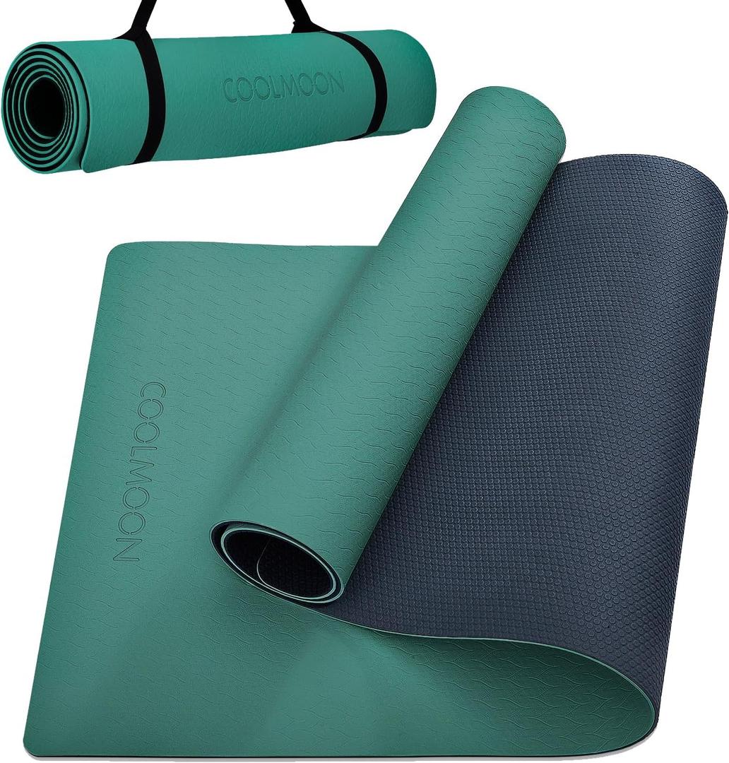 COOLMOON Yoga Mat Non Slip, Anti-Tear 1/4 Thick TPE Yoga Mats for Women and Men, 72"x24" Exercise & Fitness Mat with Carrying Strap, Workout Mats for Yoga, Pilates and Floor Exercise (HE-GREEN)