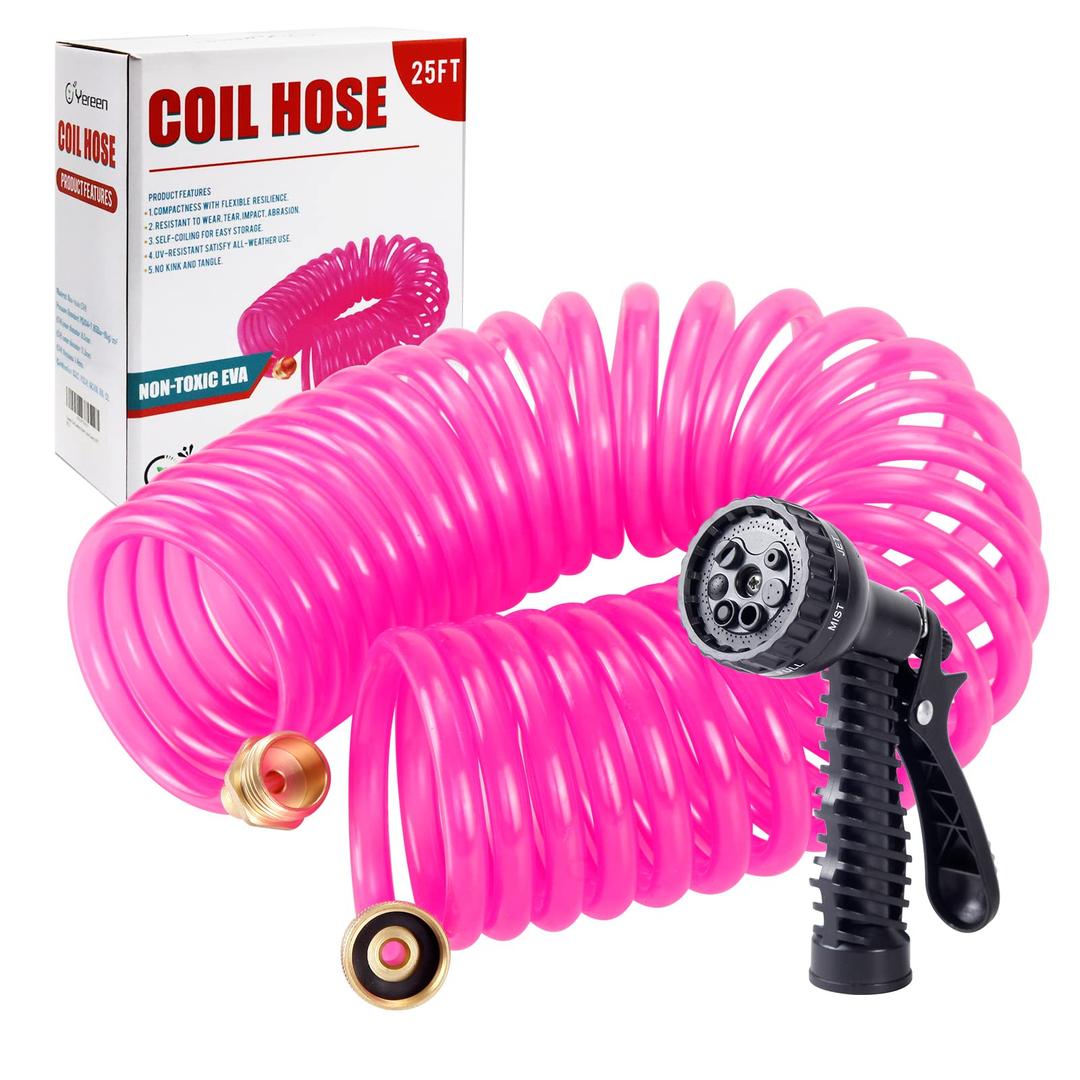 Yereen Garden Hose 25FT EVA Water Hose with 7-Pattern Spray Nozzle,Curly Self Coiling Lightweight Garden Hose,Retractable Drinking Water Safe Garden Coil Hose for Lawn Patio (Pink)