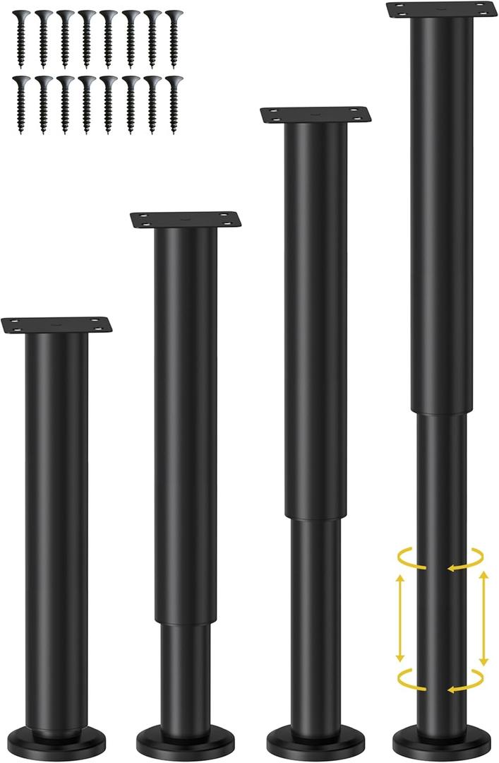 4 Pcs Adjustable Height Bed Support Legs for Bed Frame/Bed Center Slat, Metal Adjustable Furniture Legs 10-17 inch for Bed/Sofa/Cabinet/Couch/Dresser/Table,Heavy Duty Bed Replacement Legs Black