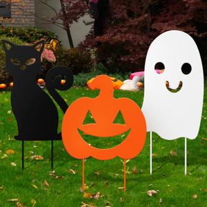 Pack of 3 Halloween Decorations Outdoor Metal Halloween Garden Stakes Metal Ghost Pumpkins Black Cat Yard Signs Decor for Outside Garden Lawn Porch Patio Party Decorations (Mixed Style)