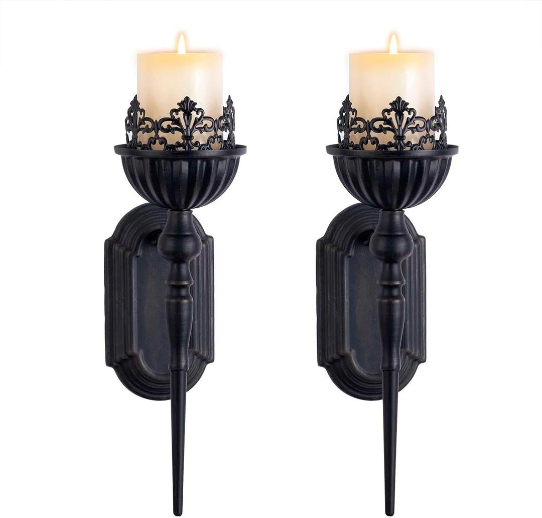 Gothic Wall Sconce Candle Holder (Set of 2) Black Crown and Scepter Design Wall-Mount Metal Candle Holders Hanging Iron Wall Candle Sconce Holder for Living Room, Bathroom, Dining Room