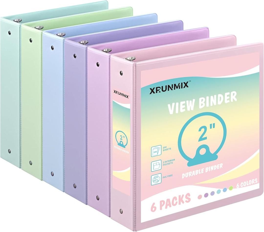 2-inch 3-Ring Binder with Pockets, Basic Binders 2'' Pastel Color Binders, Holds Letter Size 8.5'' x 11'', 450 Sheet Capacity, Bundle 6 Pack for Back to School (2- Inch)