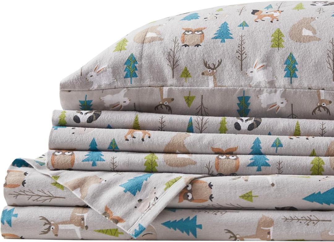 Comfort Spaces Cotton Flannel Sheets Twin XL Size, Ultra Soft Flannel Sheet Set with 12" Elastic Pocket , Novelty Print Warm Flannel Bedding, Multi Forest Animals 3 Piece