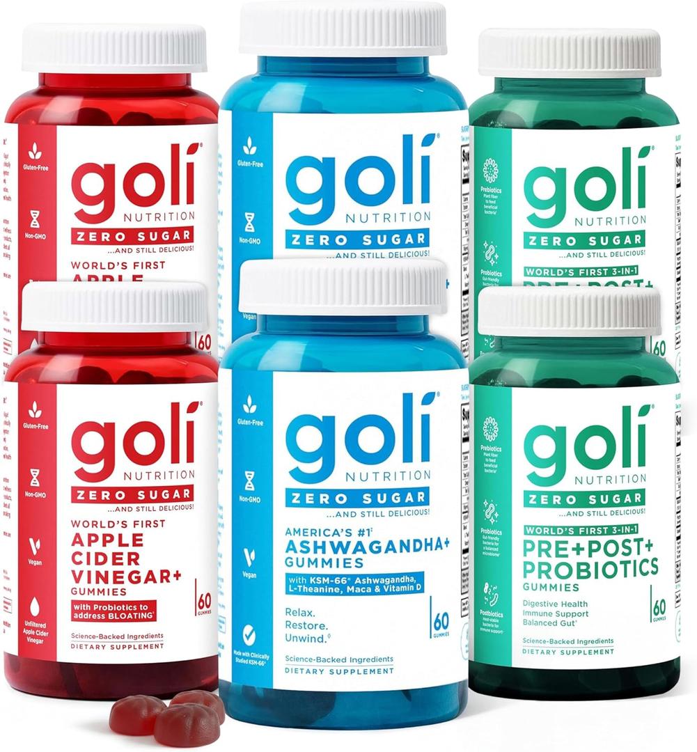 Goli Zero Sugar 6 Pack Bundle - World's First 3-in-1 Pre, Post, Probiotic, Apple Cider Vinegar with Vitamin B12 and Probiotics to Address Bloating, Ashwagandha & L-Theanine, Vitamin D Gummies (EXP 08/05/27)