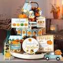 20 Pcs Fall Tiered Tray Decor Thanksgiving Table Decoration Farmhouse Rustic Centerpieces Pumpkin Truck Blocks Autumn Wooden Sign for Fall Home Table Harvest Decor