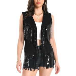 Fringe Vest - 60s 70s Outfits for Women Cowgirl Tassel Sleeveless Hippie Costume Western Faux Suede, Size  XL