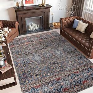 Fashriend Camilla Boho Area Rug, 8'×10' Washable Oriental Accent Rug, Non-Slip Traditional Floral Medallion Carpet, Non-Shedding Vintage Rug for Living Room, Bedroom, Dining, Office, Blue