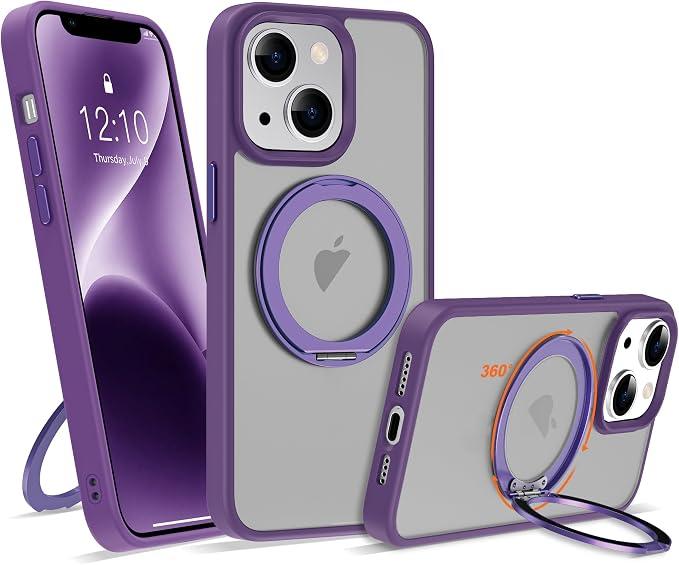 2 x UGENINO Compatible with iPhone 16 Pro Max Case with 360° Rotatable Magnetic Ring Stand [Compatible with Mag-Safe] Translucent Shockproof Protective Phone Case for Women Men, Dark Purple