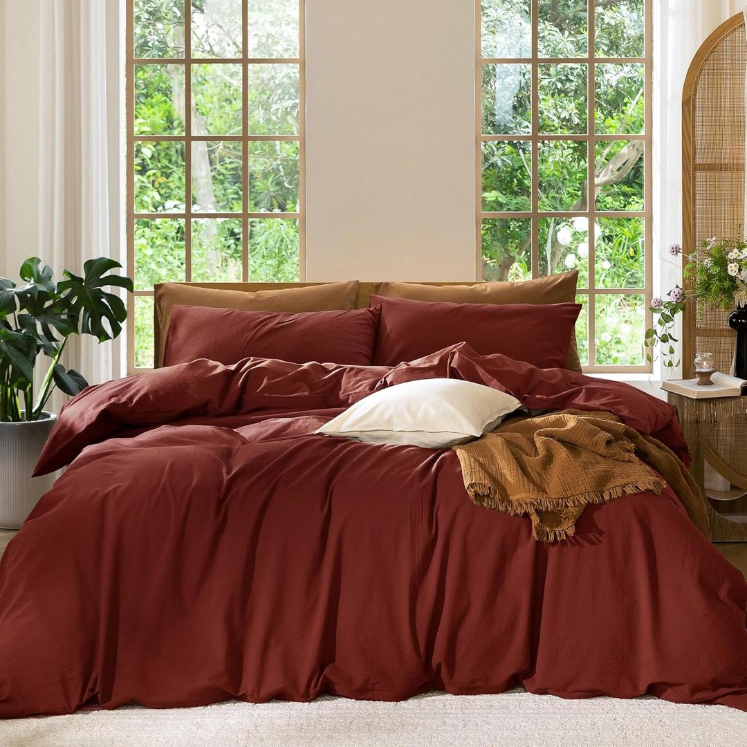 MooMee Bedding Duvet Cover Set 100% Washed Cotton Linen Like Textured Breathable Durable Soft Comfy (Solid Fired Brick Red, Queen 90"x90")