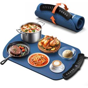Warming Mat for Food, Food Warming Mat with 7 Temp Master Aadjustable Warming Tray, Thermochromic Line, Roll Up Buffet Hot Plates Heat Pad Full Sized Electrical (Oval, Light Blue)