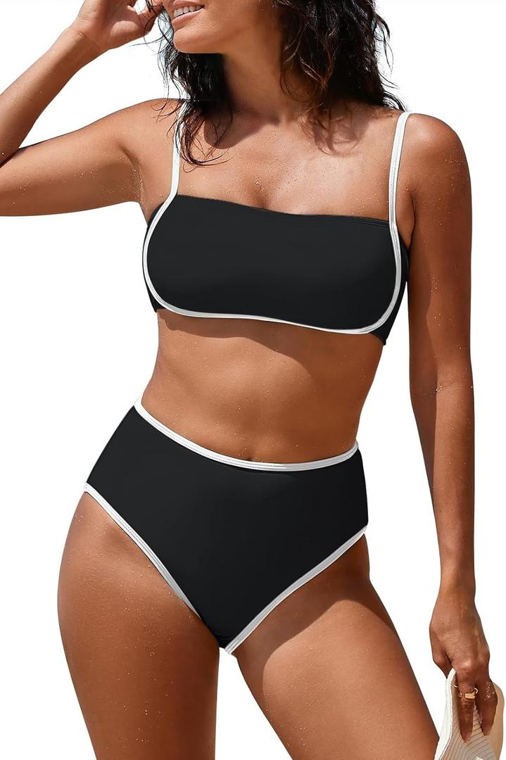Pink Queen 2025 Women's High Waisted Bikini Sets Two Piece Swimsuit Color Block High Cut Bathing Suits Beach (Medium, Black)