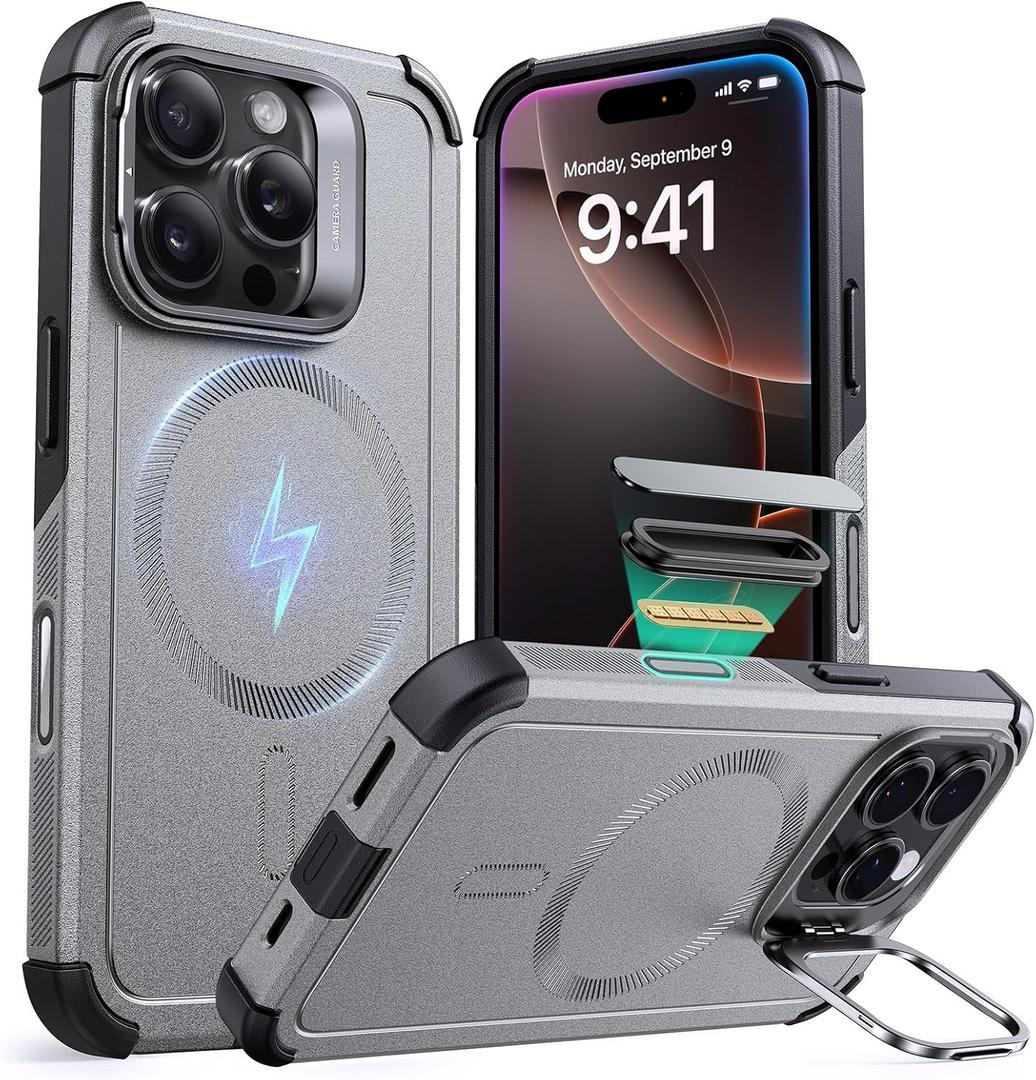 ESR for iPhone 16 Pro Max Case with Stash Stand, Camera Control, 23FT Military-Grade Shock-Absorbing Drop Protection, Compatible with MagSafe Accessories, Magnetic Cyber Series, Titanium ESR for iPhone 16 Pro Max Case with Stash Stand, Camera Control, 23FT Military-Grade Shock-Absorbing Drop Protection, Compatible with MagSafe Accessories, Magnetic Cyber Series, Titanium