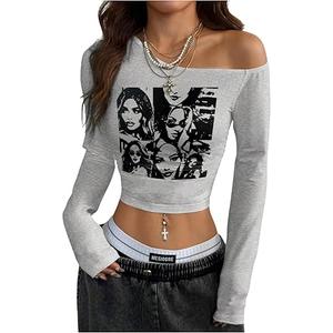SweatyRocks Women's Y2k Graphic Crop Tops Off Shoulder Long Sleeve Fitted Vintage T Shirts M