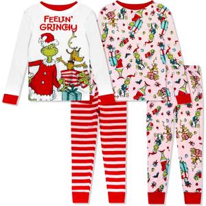 Dr. Seuss The Grinch Christmas Pajamas 4 Piece Set - Holiday Sleepwear Long Sleeve & Pants, Matching Kids Boys Girls PJ Set (12 Months, Pink-white)