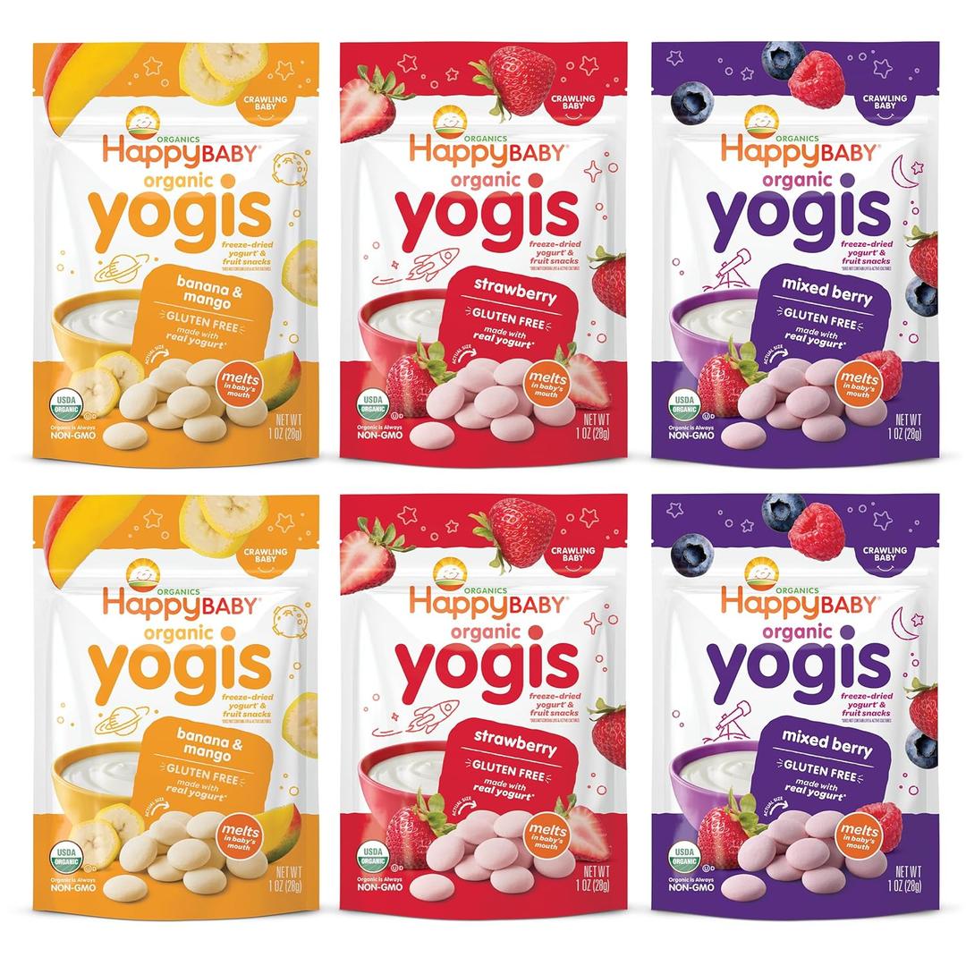 Happy Baby Organics Yogis Freeze-Dried Yogurt & Fruit Snacks, Variety Pack, 1 Ounce (Pack of 6) BBD: 11-13-2026