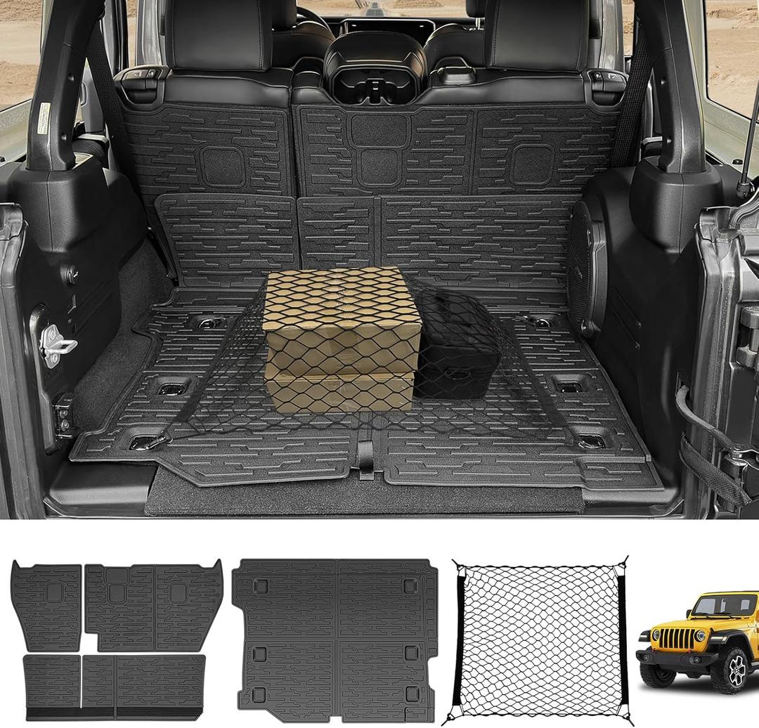 Cargo Mats & Trunk Net for 2018-2024 Jeep Wrangler JL Unlimited 4X4 Trunk Mat Backrest Liner with Cargo Net All Weather Rear Back Seat Mat Cargo Net for Wrangler JL 4 Door Accessories