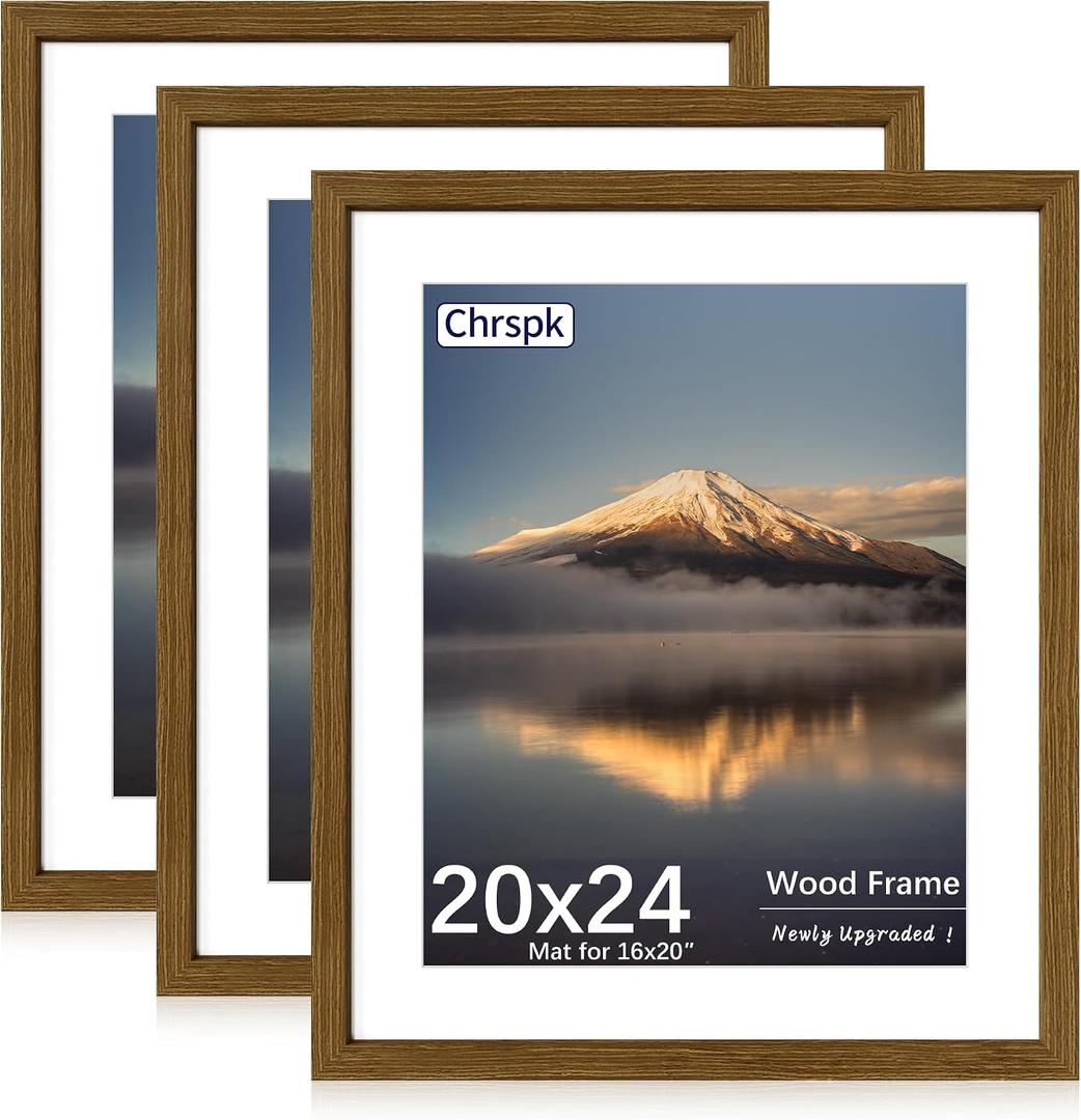 20X24 Poster Frame, Display Pictures 16X20 with Mat or 20X24 Without, Wall Hanging Frames, Rustic Brown, 3 Pack