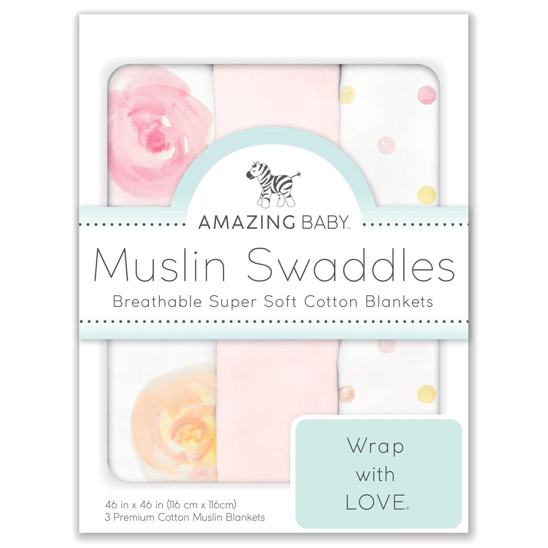 Amazing Baby Muslin Swaddle Blankets for Baby Girls, Newborn Receiving Blanket, 100% Cotton Baby Swaddle Wrap, Set of 3, XLarge 46x46 inches, Watercolor Bliss, Pink