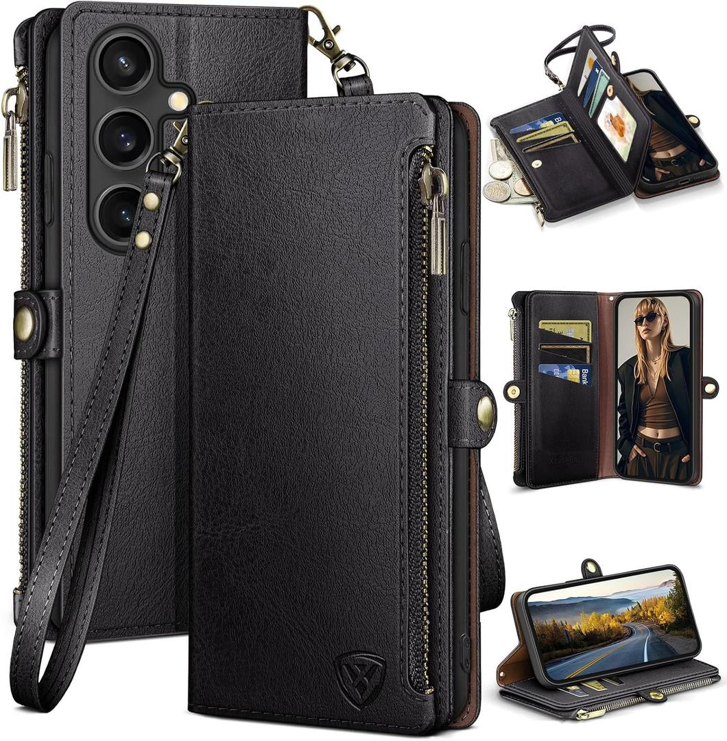 XcaseBar Compatible with Samsung Galaxy S25 Wallet case with Zipper Credit Card HolderRFID Blocking,Flip Folio Book PU Leather Phone case Shockproof Cover Women Men for Samsung S25 case Black