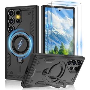 Gritup for Samsung Galaxy [S23 Ultra / S22 Ultra] Case 丨Compatible with Mag-Safe, Military-Grade Drop Protection, Rotating Metal Kickstand + 2X HD Screen Protectors,Black