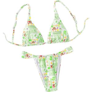 Women's 2 Piece Bathing Suit Graphic Boho Triangle Swimsuits Thong Cheeky Floral Bikini Set (X-Large, Green)