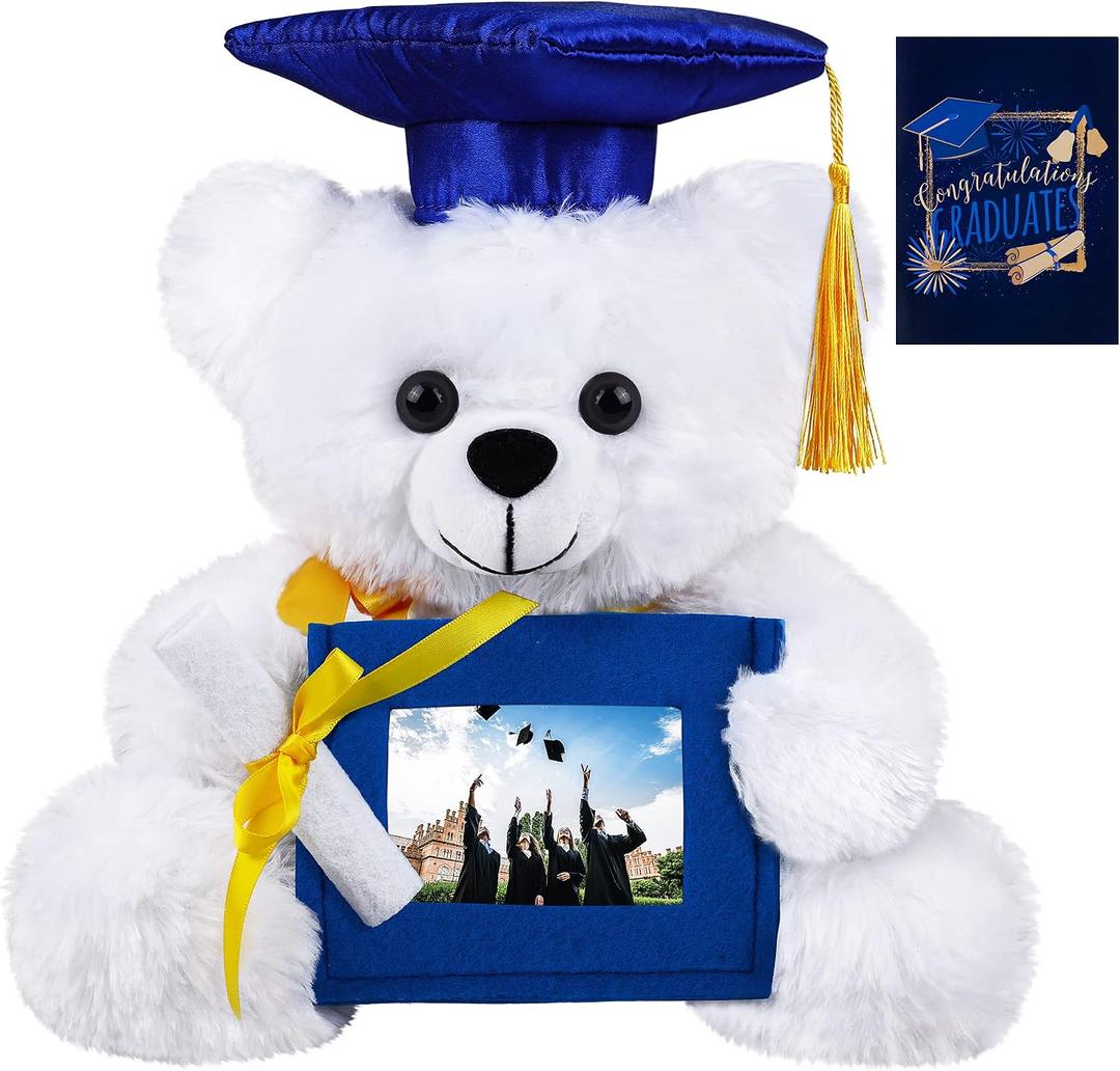 Fovths Graduation Plush Teddy Bear with Blue Non-Woven Picture Frame Diploma Cap for 2024 Graduation 10 Inch Plush Stuffed Animal Teddy Bear with Greeting Card for Graduation Day Gift Decor, White