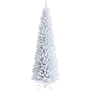 CHEFJOY 7FT Pencil Christmas Tree, 436 Branch Tips Slim Skinny Xmas Tree with Stable Metal Stand, Hinged Design for Easy Assembly, Artificial Holiday Pine Tree for Indoor Outdoor Decoration, White