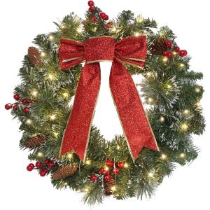 DiliComing 16-Inch Pre-Lit Winter Wreath - Large Christmas Door Wreath, Front Door & Window Decorations (Led Red)