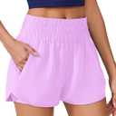 PINSPARK Running Shorts for Women Quick Dry High Waisted Athletic Short 2 in 1 Workout Gym Shorts with Zipper Pockets (Medium, Pink)