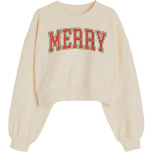Merry Christmas Sweatshirts Women Vintage Merry Cropped Sweatshirt Xmas Party Holiday Crop Pullover Top (Beige, XL)