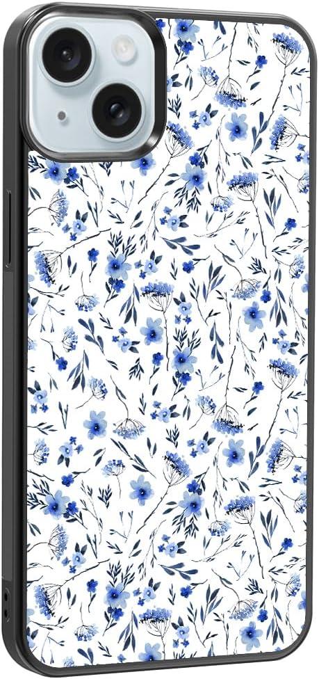 Cute Floral Phone Case for iPhone 15 Plus, Aesthetic Blue Flower Cover for Teen Girls Women Kids