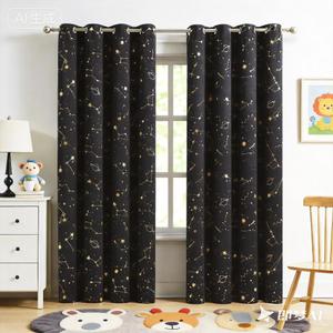 Black Full Blackout Window Curtain Stellar Metallic Noise Reducing Panels 84 Inches Long Grommet Top for Kids,Thermal Insulation Window Treatment for Boy Girl Bedroom Living Room,52Wx84Lx2