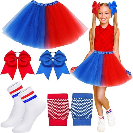 Newcotte Set of 4 Halloween Clown Costume for Girls Include Tutu Skirt with Hair Bow Fishnet Gloves and Striped Soccer Socks