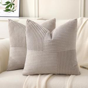Taupe Throw Pillow Covers 22x22 inch,Pack of 2 Soft Corduroy Cushion Covers with Patchwork Textured,Farmhouse Home Decor,Boho Decorative Cushion Case for Couch Bed Sofa Living Room