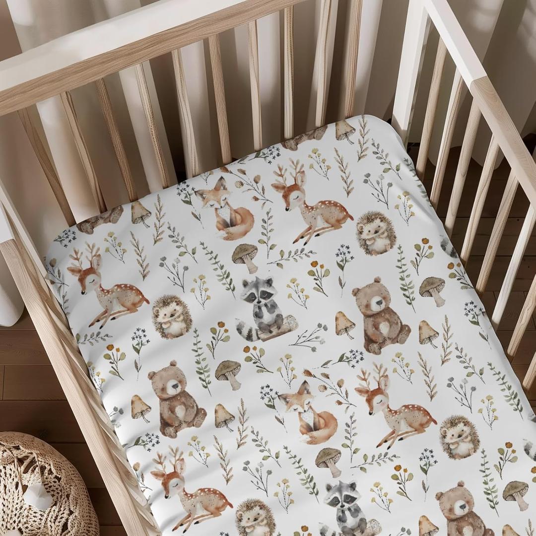 Cute Forest Animals Leaves Mushroom Pattern Baby Sheets for Crib, Unisex Bear Deer Raccoon Hedgehog Nursery Fitted Bed Sheet for Boys Girls Standard Crib and Toddler Mattress-28x52