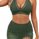 High Waisted Bikini with Skirt - Two Piece Tummy Control Swimsuit for Women Mesh Halter Bathing Suit 2025 Sarong Swimwear (L)