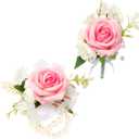 Wrist Corsage and Boutonniere Set, Artificial Rose Corsage Wristlet and Boutonniere for Wedding Prom Party (Pink 1 Boutonniere&1 Wrist Corsage)